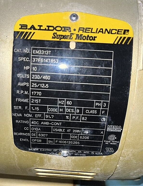 Baldor EM3313T 10HP 1770RPM Electric Motor