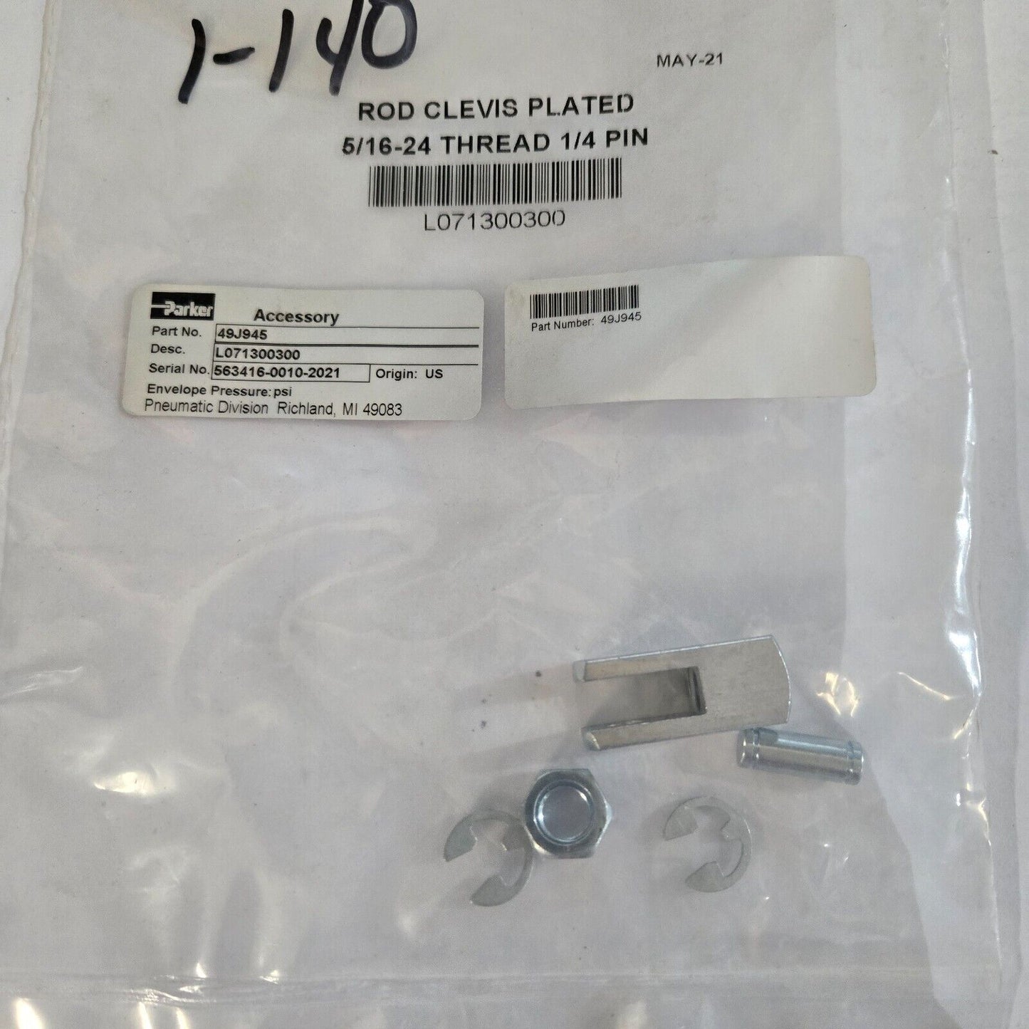 Parker 49J945 Rod Clevis 5/16-24 Thread 1/4 Pin