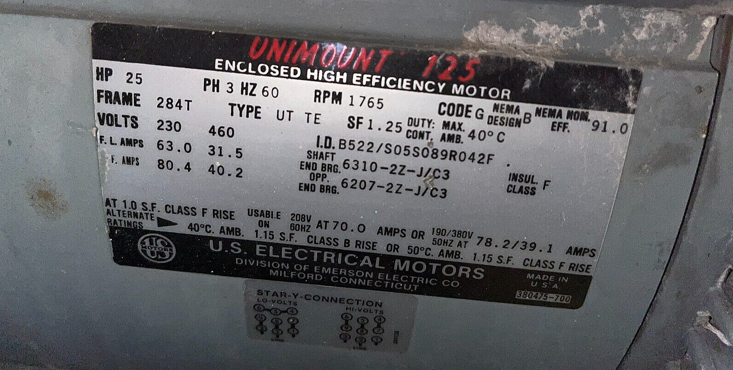 GA Braun 3S32 Ironer Drive Motor Unimount 125 25HP Motor, 230/460V, RPM 1765