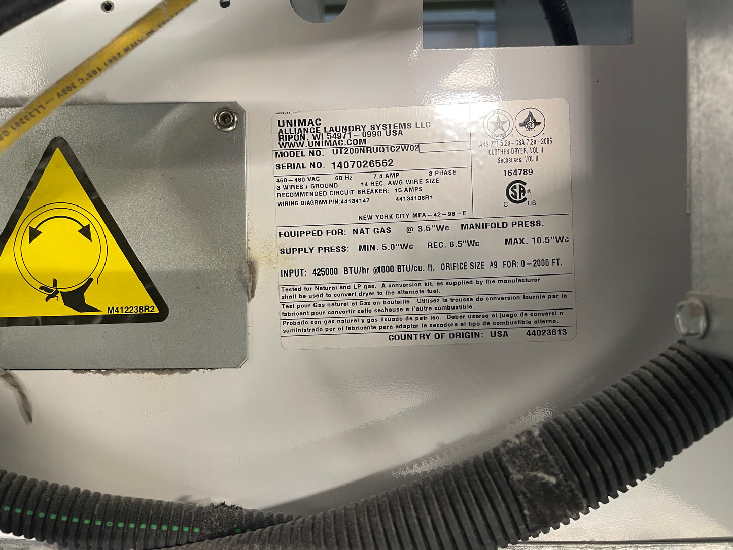 Unimac Dryer 200lb UT200NRUQ1C2W02 - 2014