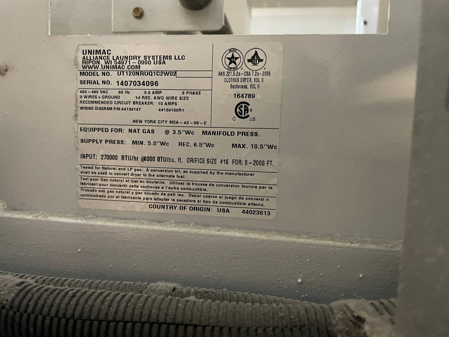 Unimac Dryer 120lb UT120NRUQ1C2W02 - 2014