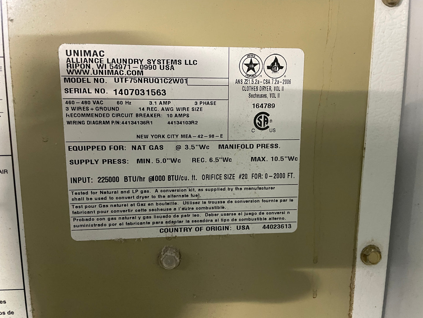 Unimac Dryer 75lb UTF75NRUQ1C2W01 - 2014