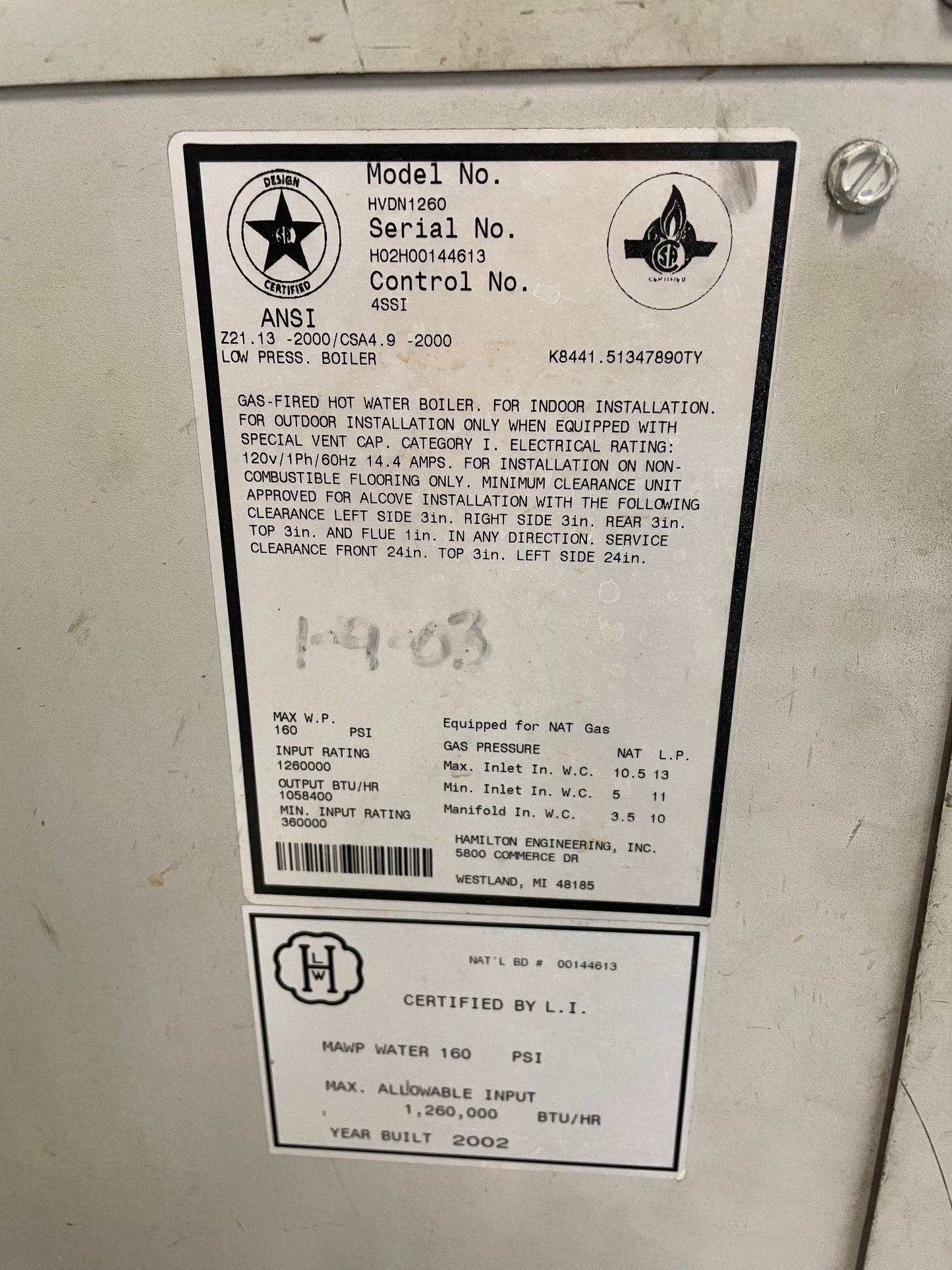 Hamilton HVDN1260 Hot Water Heater