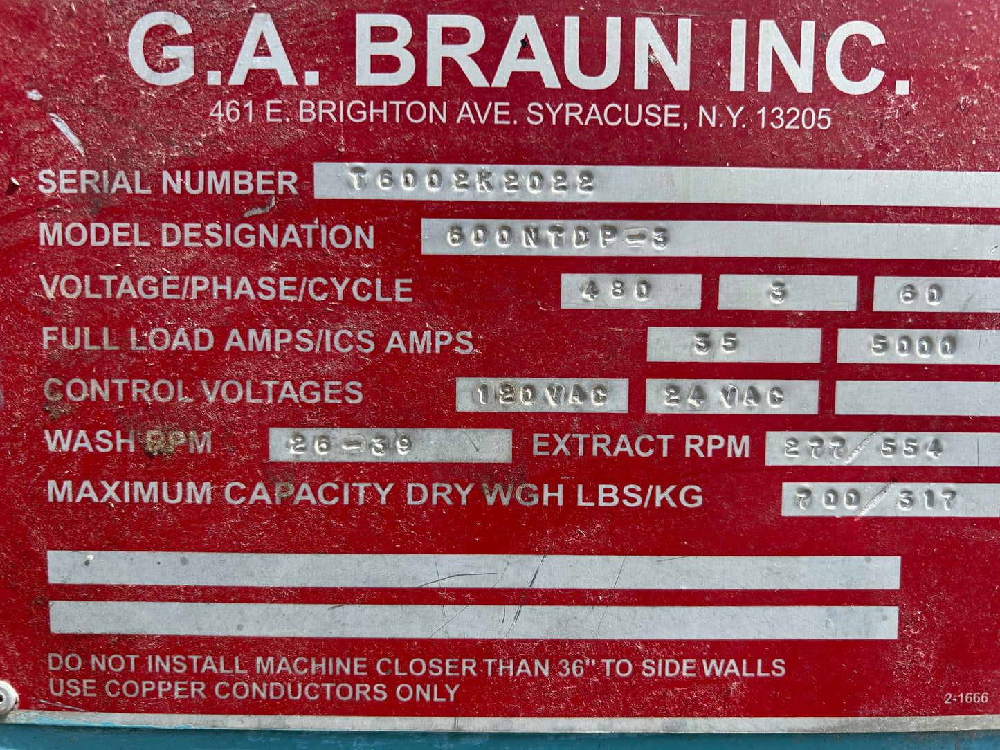GA Braun 600 TSL Washer Extractor